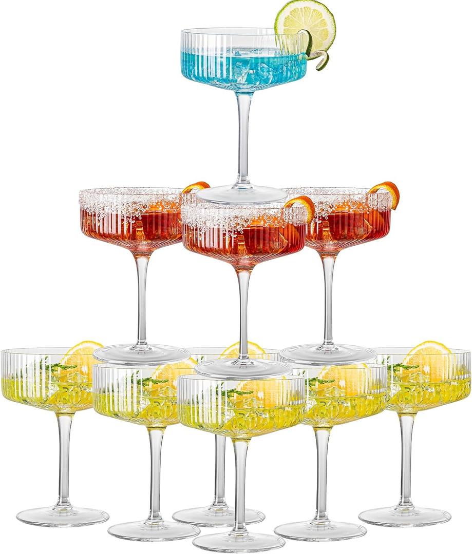12 Pcs Acrylic Martini Glasses, 10oz Shatterproof Plastic Champagne Tower, Unbreakable Ribbed Coupe Glasses, Stem Cocktail Glassware Set, Manhattan Goblet for Wedding Birthday Party Bar