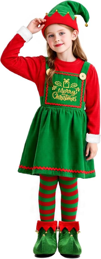Kids Holiday Elf Costumes Deluxe Grils Christmas Elf Dress Set Christmas Party Dress Outfit (9-11 Years, Green)
