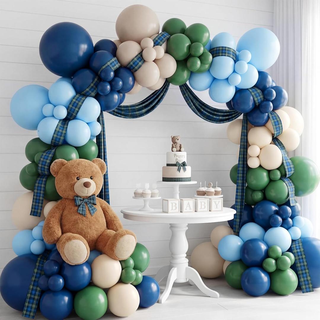 152 Pcs Tartan Plaids Decorations Baby Shower Bear Balloons Garland Arch Kits Preppy Bear Plaid Balloons for Baby Shower Party Wedding Birthday Christmas Decorations(Light)