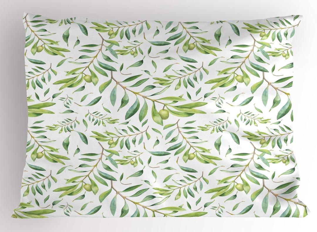 Ambesonne Green Leaf Pillow Sham, Watercolor Style Olive Branch Mediterranean Tree Exotic Illustration Print, Decorative Standard Size Printed Pillowcase, 26" X 20", Avocado Green