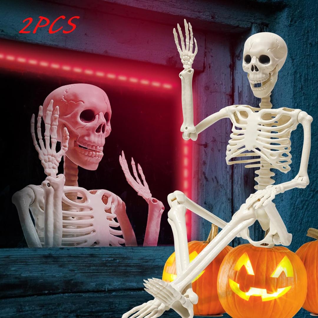 2 Pcs 36" Halloween Skeleton Decorations, 3Ft Realistic Full Body Movable Posable Joints, Plastic Decors for Party Haunted House Yard Supplies