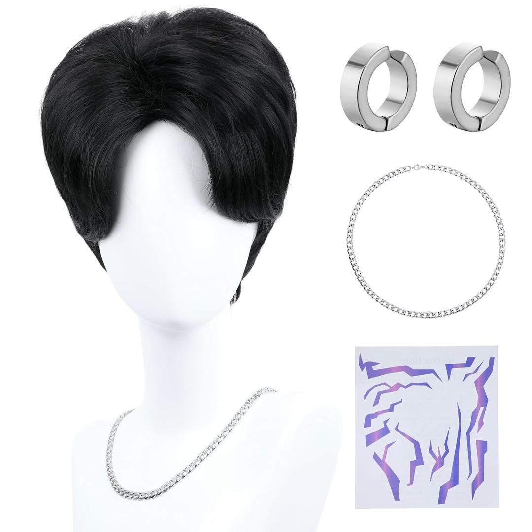 morvally Short Natural Looking Synthetic Hair Mens Wig with Ear Clips, Necklace and Tattoos for Anime Costume, Cosplay, Halloween Party (Black, Adults Head)