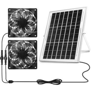 Solar Powered Fan Kit, Weatherproofed Exhaust Fan Air Ventilation Equipment with 25W Solar Panel and 2 High-Speed 5 Inch Dual Fans, Kit for Outside Chicken Coops, Pet House, Attics, Greenhouses, Shed