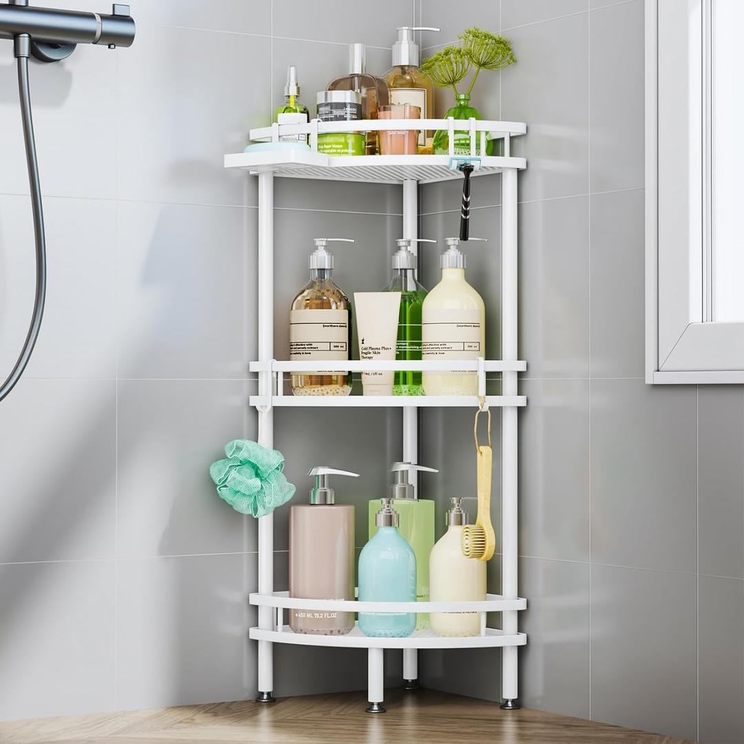 HapiRm Standing Corner Shower Caddy - 3 Tier Shower Organizer Corner with Soap Holder and 4 Hooks, Rustproof Bathroom Storage Shelves with Adhesives, White