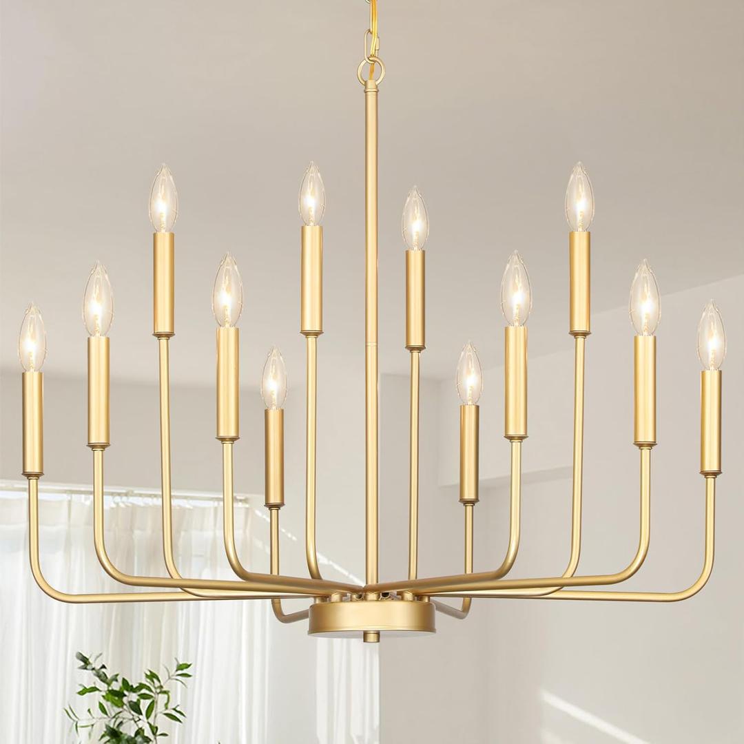 Gold Chandeliers for Dining Room Light Fixture Over Table, Modern Farmhouse Chandeliers for Living Room,12-Lights Candle Lighting Fixtures for Entryway Kitchen Island Foyer
