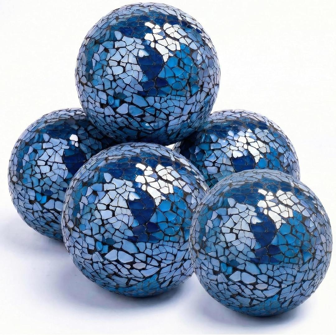 FUTUREPLUSX 5PCS Decorative Balls for Bowls, 3 Inch Blue Orbs Glass Balls for Centerpiece Bowls Mosaic Sphere for Home Decoration Dining Table