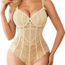 Avidlove Bodysuit for Women Sexy Lace Top One Piece Lingerie V Neck Mesh Tops Going Out Cami Naughty Push Up Body Suit S-XXL (Beige)
