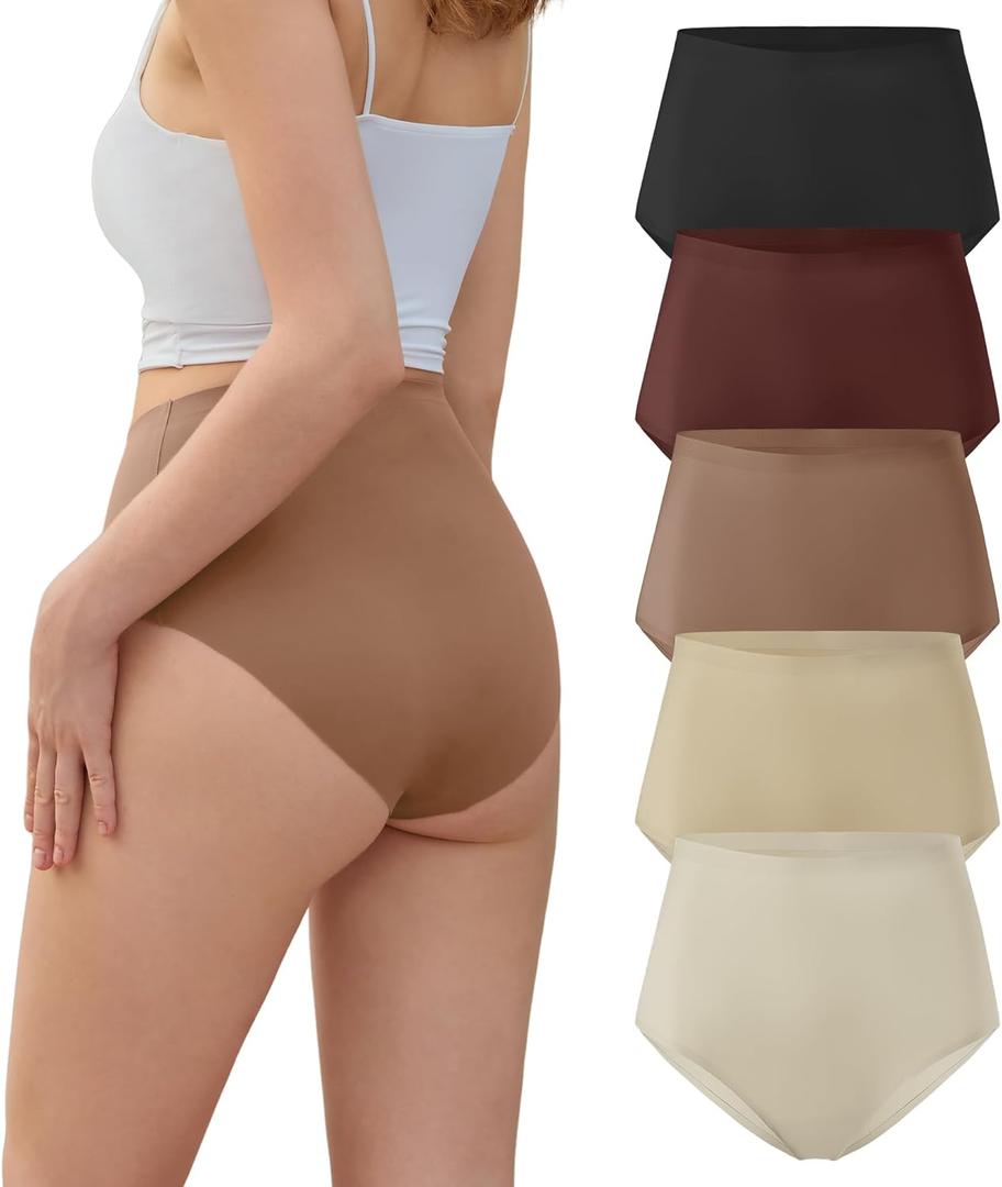 DEANGELMON Womens Seamless Bikinis Underwear High Waist Comfort Briefs Invisible No Show Panties Full Coverage Cheeky (Large, Daily - 5 Pack)