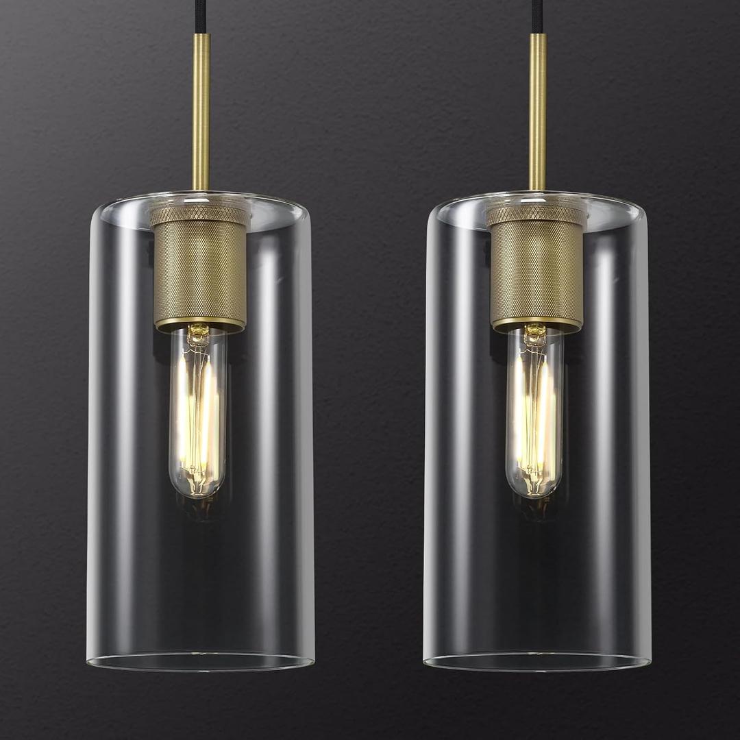 Modern Brass Pendant Lights Kitchen Island 2 Pack Glass Pendant Light Fixtures, 9.5'' Farmhouse Gold Pendant Light Kitchen Pendant Lighting Over Island for Sink, Bathroom, Bar,Dining Room
