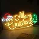 Merry Christmas Neon Signs, 16.7*7.9Inch LED Christmas Lights with Xmas Tree and Santa Hat for Wall, Window, Party, Bar, Pub, Club, Kids Bedroom Decorations and Gifts, USB Powered