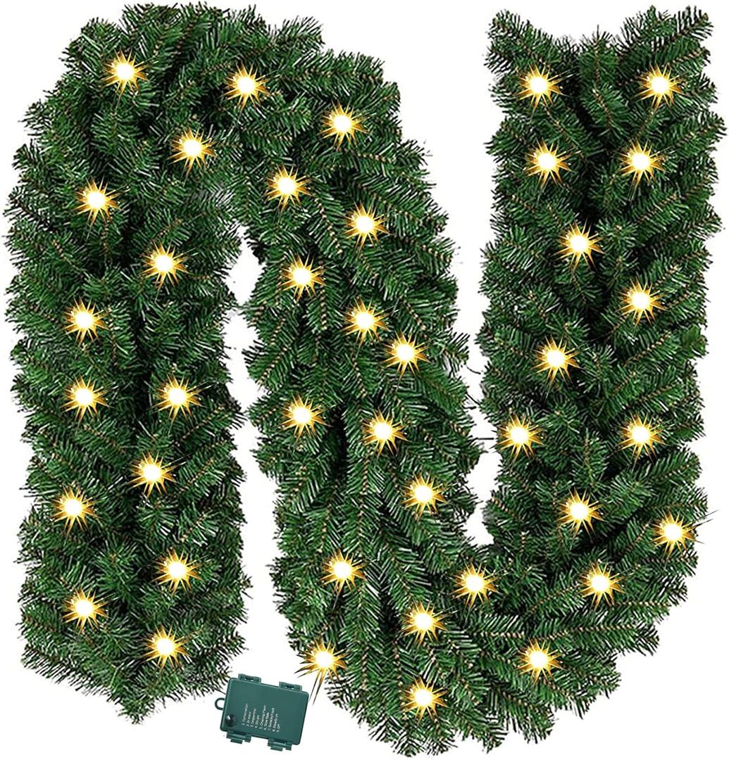 Prelit Christmas 9 Ft Battery Operated Garland with 50 LED Lights - Lighted Xmas Mantel Decor