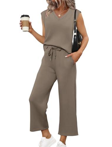 Sampeel Two Piece Sets for Women Beach Fashion Soft Vacation Clothes Summer Travel Outfits Comfy Airport Lounge Sets Cruise Wear Going Out Top Sweatsuits Brown L