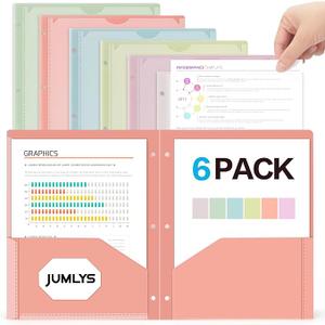 Jumlys 6 Pack 2 Pocket Folders with Clear Front Pocket and 3 Holes, Pastel Folders with Pockets for 3 Ring Binder, Heavy Duty Plastic Folders for Letter Size Paper, Ideal School and Office Supplies