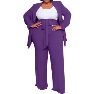 IyMoo Plus Size Suits for Women Business Open Front Long Sleeve Blazer Elastic Waist Solid Straight Leg Pant Set Suits (3X-Large Plus, Purple)