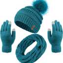 Aneco Womens Winter Warm Sets Knitted Fur Pompoms Beanie Hat Circle Loop Scarf Touch Screen Gloves Winter Favor Accessories (Blue)