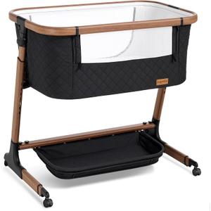 ANGELBLISS Electric Baby Bassinet Bedside Sleeper with Auto Rocking, Remote/Touch Control, 3 Timer Modes, 12 Sounds, 6 Heights, Storage & Wheels (Black) | Breathable Mesh, Full