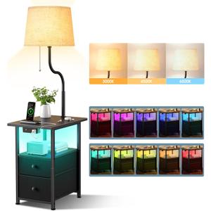 addlon Floor Lamp Side Table with Night Light,Night Stand with Charging Station and LED Bulb, 3-Color Adjustable Lighting Beside Table with 2 Deep Drawers, End Tables Living Room,Bedroom-Black Oak