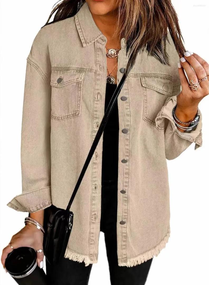Denim Jackets Women Long Sleeves Jean Coat Western Oversized Button Down Frayed Hem Shacket Ripped Stretch Boyfriend Washed Jacket with Pockets Trucker Jacket Cardigans Shirts Trucker Coat Sale M