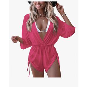 Women's Beach Deep V Neck Drawstring Swim Bikini Bathing Suit Cover up, S