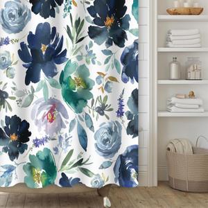 Dark Blue Flower Shower Curtain,Navy Blue Floral Shower Curtain Set for Bathroom,Blue Green Watercolor Flower Fabric Bath Curtain with Hooks, 72x72in