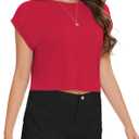 Summer Short Sleeve Crop Tops Womens Crewneck Roll Cap Sleeve T Shirts Loose Fit Basic Tees (Red, S)