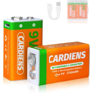 Rechargeable 9v Batteries USB 9 Volt Battery for Smoke Alarms 3700 mWh 9v Lithium Battery with 2-in-1 USB-C Charging Cable and LED Charge Indicator, 2-Pack