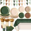 Mimorou 342 Pcs Woodland Baby Shower Party Supplies Sage Green Brown Tableware Paper Disposable Plates Napkins Cups Plastic Tablecloth Sage Brown Triangle Banner for Wedding Forest Birthday Party