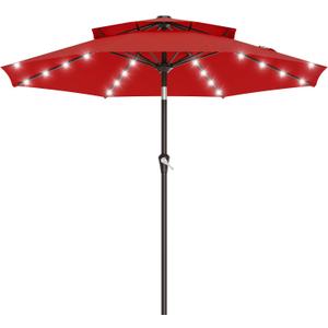 9ft 2 Tiers Patio Umbrella with Solar Lights, Outdoor Umbrella w/ 32 LED Lights&8 Sturdy Ribs, Table Umbrella for Deck, Backyard, Pool(Red)