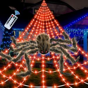 Halloween Spider Web Lights Giant Spider, 16.4Ft 450 LED Lighted Spider Web with with 8 Lighting Modes Waterproof & Timer for Indoor Outdoor House Haunted Yard Decor, Orange