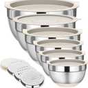 Mixing Bowls with Lids Set, 6 Piece Stainless Steel Nesting Storage Bowls for Kitchen, with 3 Grater Attachments & Non-Slip Bottoms, Size 5.5,3.5,2.5,2.1,1.5,1.1 QT (Khaki)