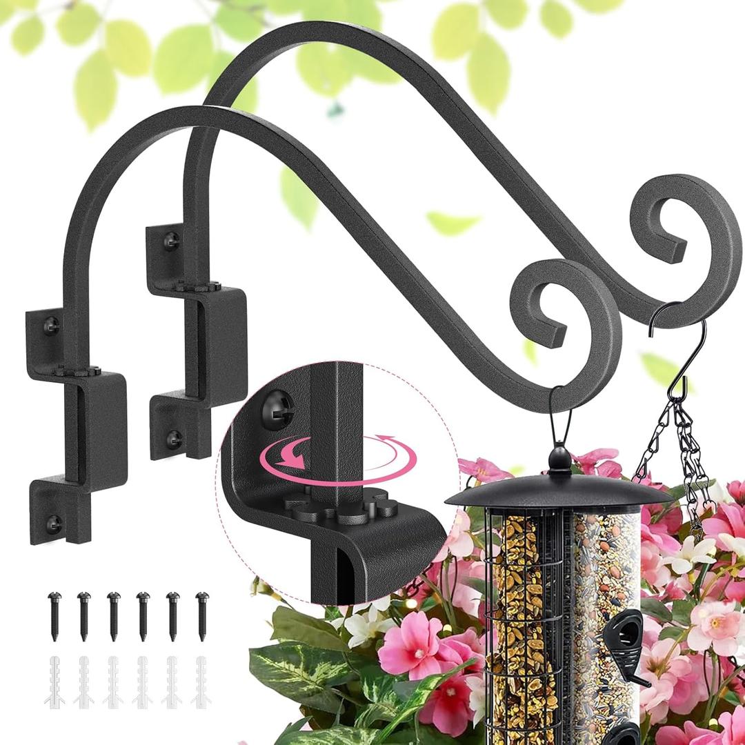 2 Pack Plant Hangers Outdoor: Swivel Bird Feeder Hangers Outdoor Wall Mount - 15 Inch Swivel Hanging Plant Bracket Metal Black Plant Hook for Flower, Lantern, Wind Chimes
