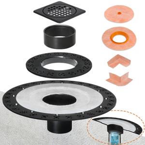 Shower Drain Kit 2 Inch Integrated Shower Flange Kit Compatible with Schluter Systems Kerdi Drain, ABS Shower Drain Base Flange with 304 Stainless Steel 4'' Drain Grate and Waterproof Seals