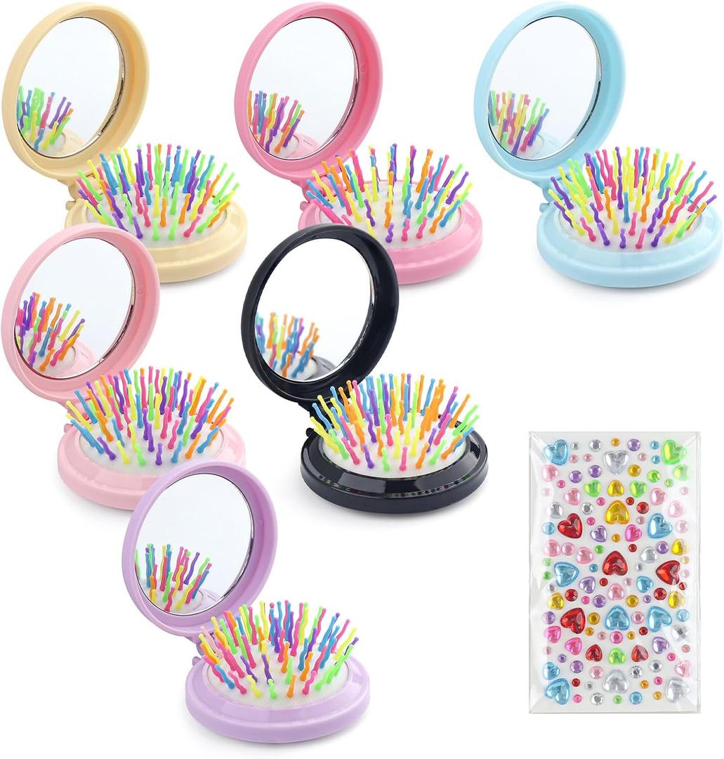 6 Colors Folding Mirror Hairbrush, 2 in 1 Compact Pocket Mirror Comb with DIY Stickers, Round Mini Pocket Makeup Mirror for Travel Women Girls (6 Pcs)