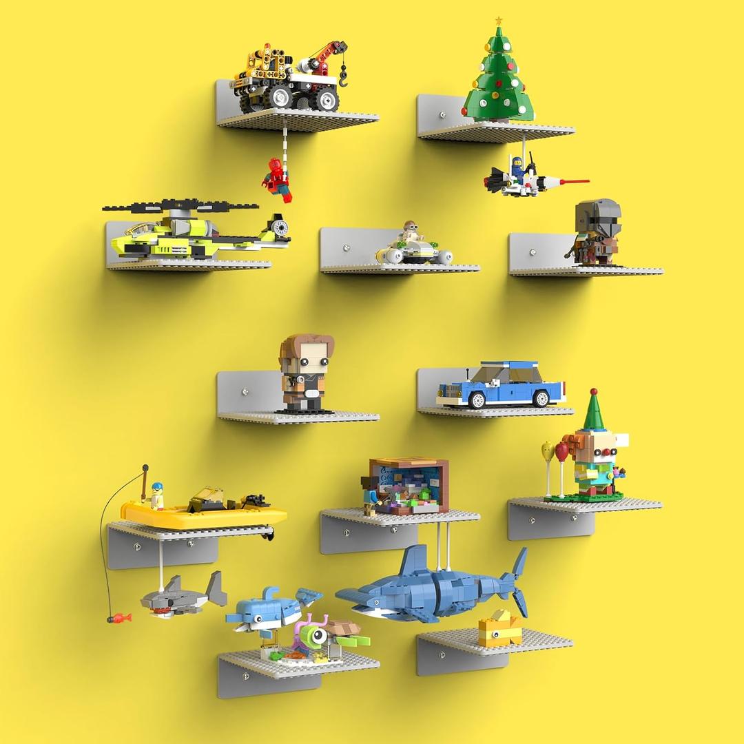 BlissBox 12-Pack Floating Display Shelves for Wall Compatible with Lego Building Bricks, 5 5.5 Inch Dual-Sided 16 17 Studs for Brick Storage and Display, ABS Display Shelf for Room Decor, Gray