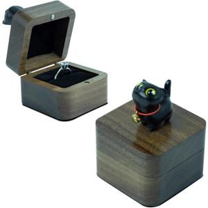 Hand-Carved Cat Wooden Ring Box - Magnetic Closure Wedding & Engagement Jewelry Gift Box (Black Cat)