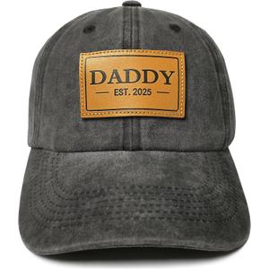 Daddy Hat Est 2025, Gifts for Father Dad, Leather Patch Adjustable Baseball Cap, Washed Black Cotton Denim Hat for Men