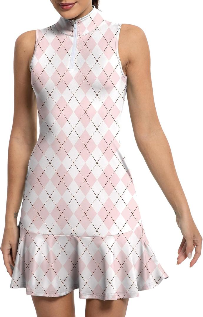 Tennis Dress for Women Golf Dresses with Shorts Inner Pocket Sleeveless Zip Up Stand Collar Workout Athletic Dresses (3X-Large, Xpink Argyle)