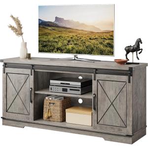 Garvee Farmhouse TV Stand for Televisions Up to 65" TVs, Entertainment Center with Sliding Barn Doors and Storage Cabinets, Modern TV Console Table, Media Furniture for Living Room, 59 Inch (Grey)