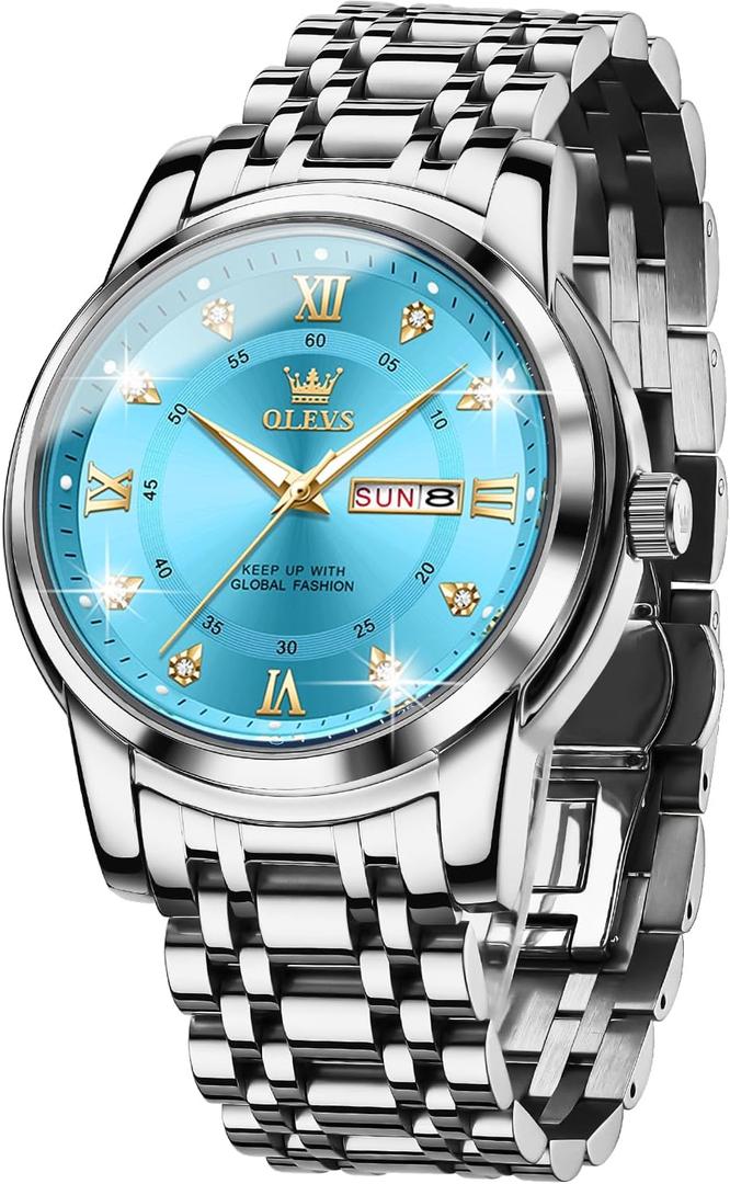 OLEVS Men Watch Blue Gold Analog Quartz Stainless Steel Waterproof Luminous Date Luxury Casual Watch, Silver Blue