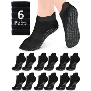 AURUZA Grip Socks for Women Men Pilates Grip Socks Non Slip Yoga Sock with Grips for Barre Barefoot Hospital Grippy Sock (Medium, 6 Pairs-6 Pairs of Black)