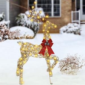 Hausse Lighted Christmas Reindeer, 47" Pre-Lit 3D Glitter Gold Standing Xmas Male Deer, Light Up with 105 LED Lights, Outdoor Xmas Yard Displays, Plug in for Party New Year Winter Patio Lawn Garden