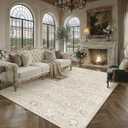 9x12 Beige Cream Washable Area Rug for Living Room Bedroom Neutral Floral Soft Low Pile Lightweight Throw Rug Non Slip Distressed Carpet Dining Room Nursery Classroom Playroom Home Decor