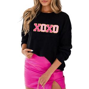LEMAFER Women 2026 Merry Christmas Round Neck Sequin Letters Sweater Casual Solid Slogan Long Sleeve Pullover Sweatshirt Tops (X-Large, A Black Xo)