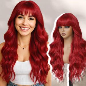 Long Red Wigs with Bangs 26Inch Wavy Curly Hair for Women Tangle Free Beginner Friendly Soft Natural Looking Wigs for Daily Party Use