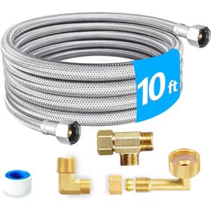 Dishwasher Installation Kit - 10 FT Stainless Steel Braided Dishwasher Hose kit,Food Grade PEX Inner Tube Water Line with Add A Tee,3/8"MIP Elbow,3/8"x3/4"FHT Elbow