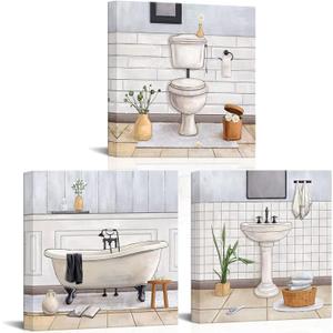 HOMEOART Bathroom Wall Art Bath Tub Painting Picture Bathroom Wall Decor Framed Ready to Hang 12x12inchx3 White