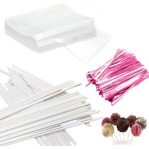Basquei Cake Pop Sticks 6 Inches, Cake Pop Bags (3.9"X4.7"), Pink Metallic Twist Ties, 300 Pcs Cake Pop Kit Used for, Lollipops Cake, Candies, Chocolates Making Tools