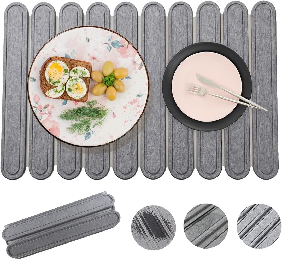 Large Stone Dish Drying Mats for Kitchen Counter, 23"(L)16"(W) Diatomaceous Earth Mats, Water-Absorbent Collapsible Multi-Purpose Stone Drying Tray for Cups Dishes Bottles, Match Any Countertop (Grey-Standard)