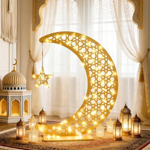 Sicrifety 43 x 35 Inch Ramadan Crescent Moon Decor, Eid Crafts Light Ramadan Moon Lamp Table Decor with LED Star Eid Ornament Gift for Home,Table,Party Mubarak Eid Decor, Missing The Lights
