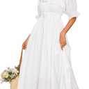 R.Vivimos Women Summer Half Sleeve Cotton Ruffled Vintage Elegant Backless A Line Flowy Long Dresses (White, Small)